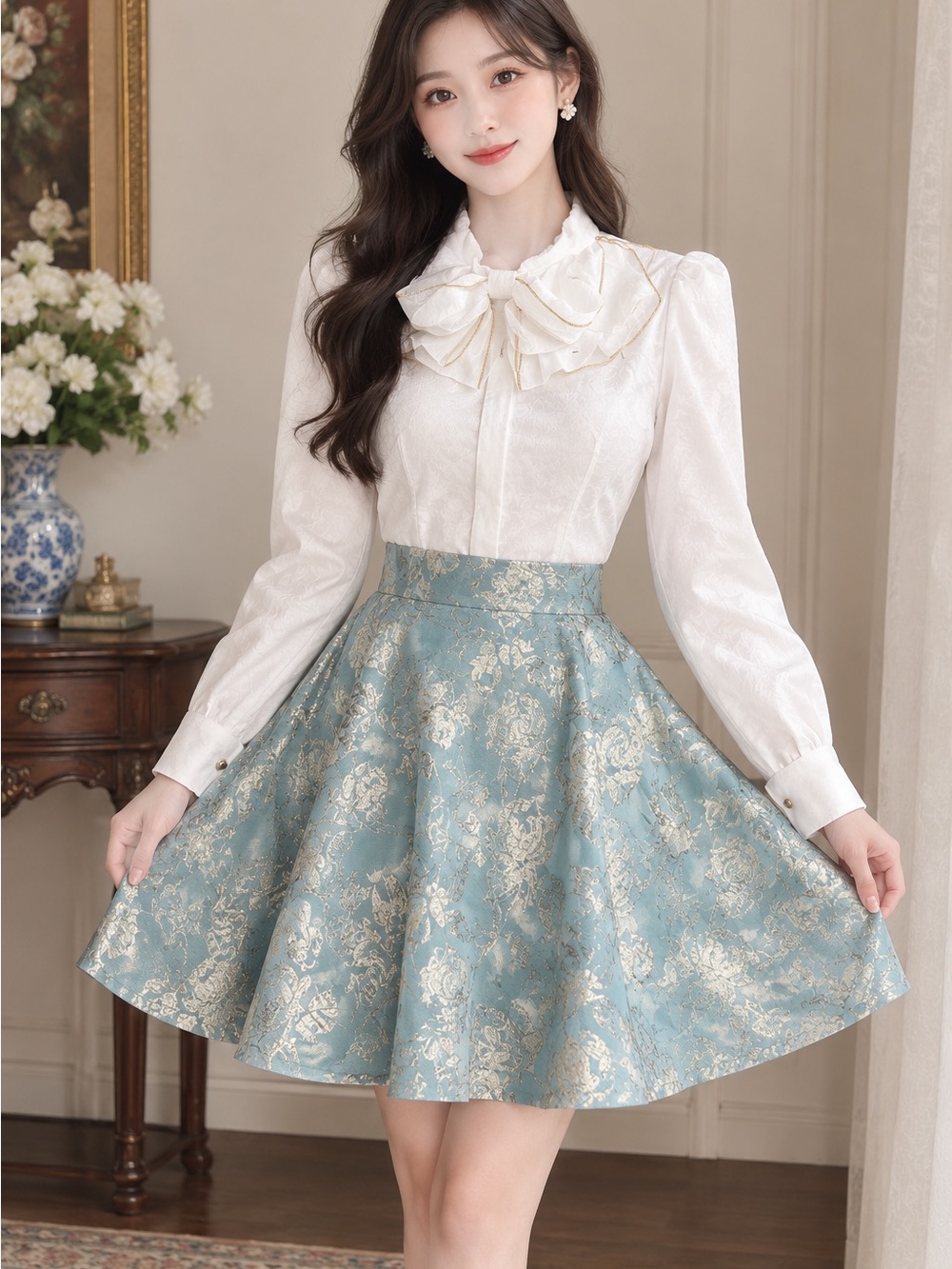 High-Waist Blue Brocade Circle Skirt with Gold Floral Jacquard
